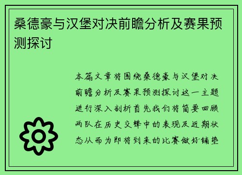 桑德豪与汉堡对决前瞻分析及赛果预测探讨