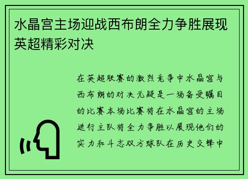 水晶宫主场迎战西布朗全力争胜展现英超精彩对决