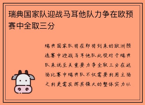 瑞典国家队迎战马耳他队力争在欧预赛中全取三分